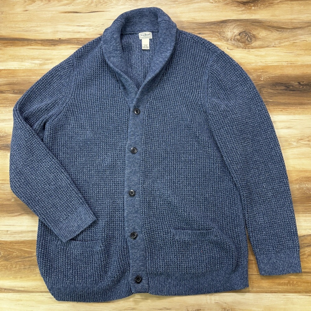 LL Bean Cardigan Sweater XXL-Tall Shawl Collar Organic Cotton Waffle Knit Blue